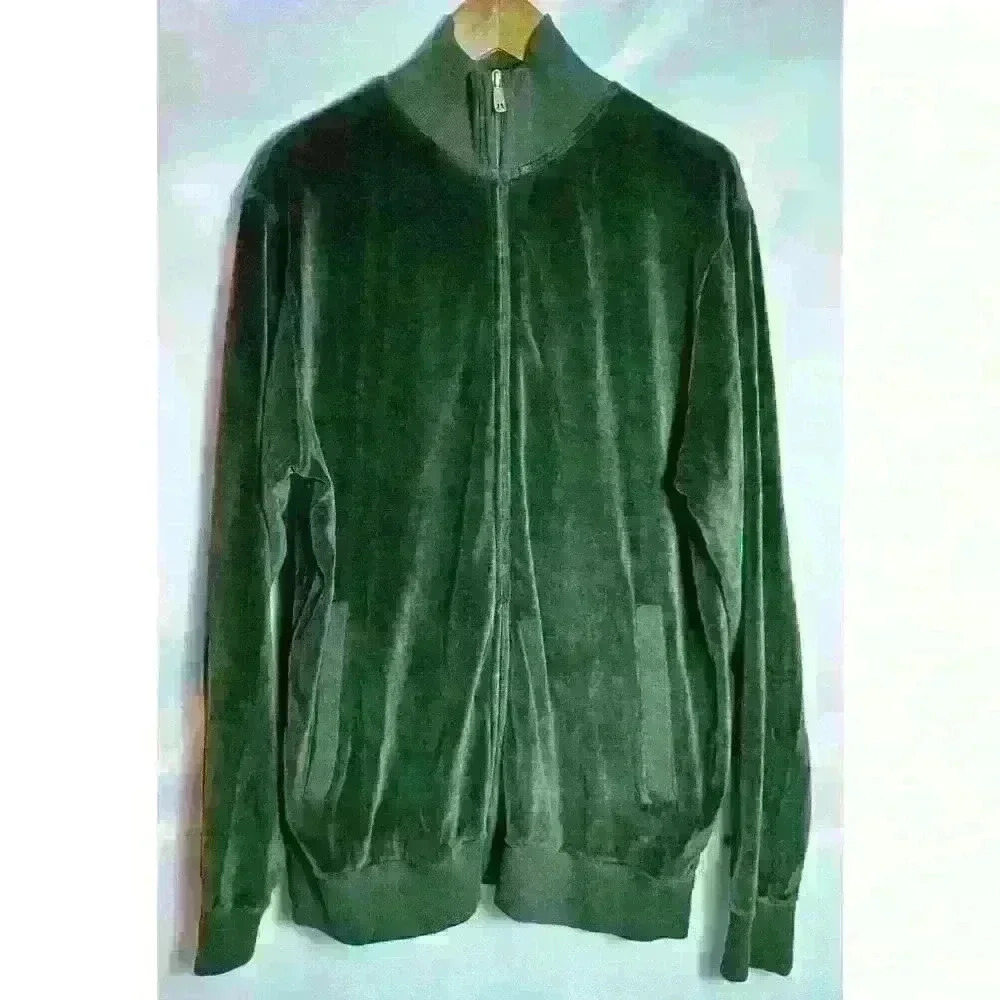 Forest Green Velour Zip-Up Sweater with Standing Collar